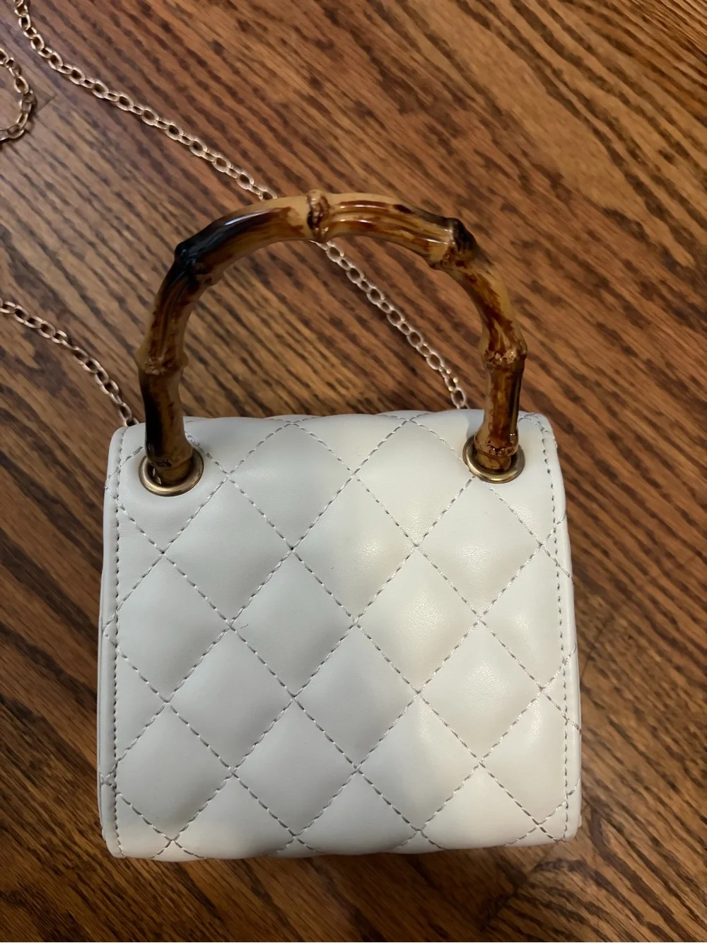 Girl White Quilted Crossbody Mini Bag with Bamboo Handle